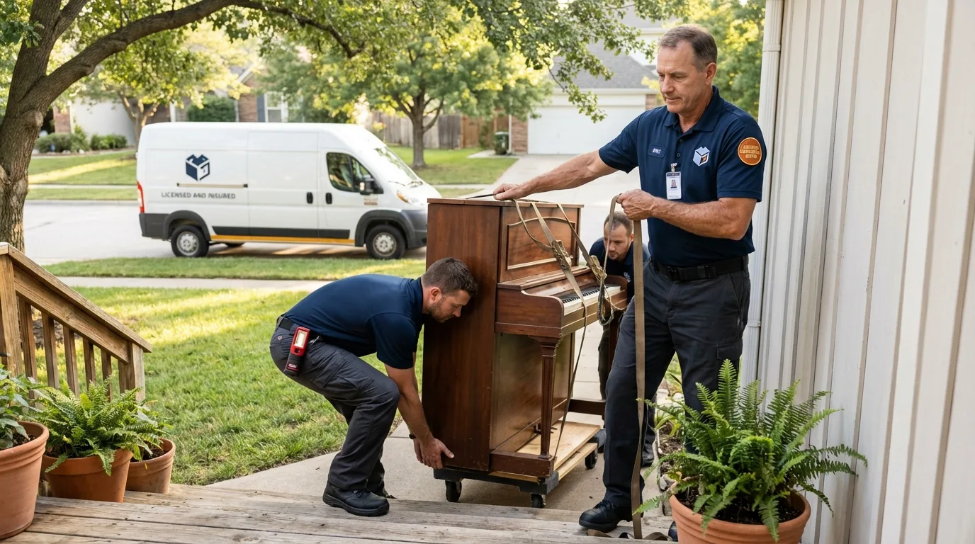 Licensed piano movers securing grand piano in Spring Valley, WI