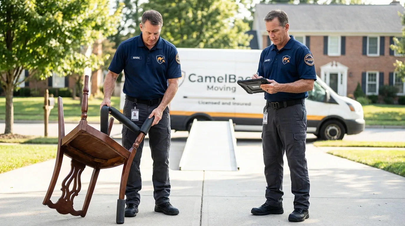 Movers inspecting furniture for damage prevention before loading in Spring Valley, WI