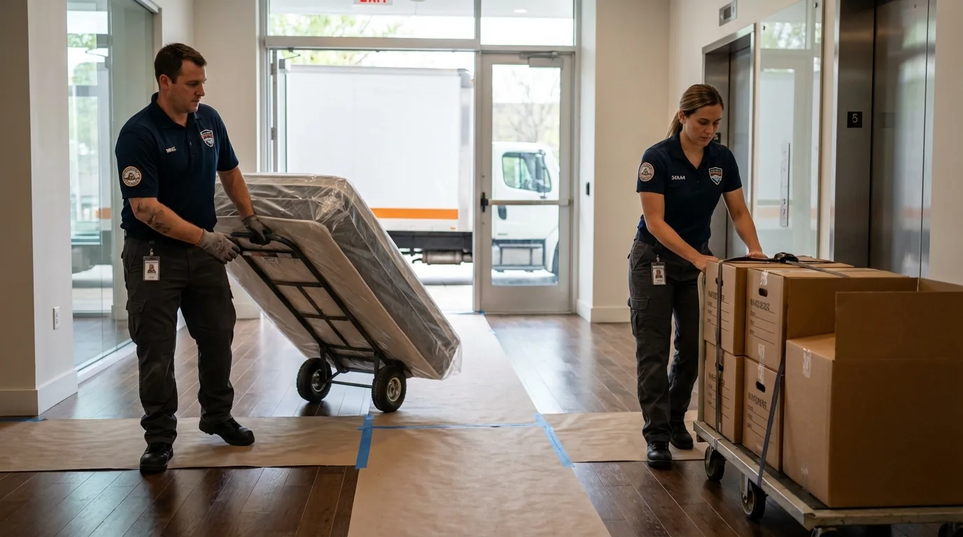 Professional apartment movers loading elevator in Spring Valley, WI