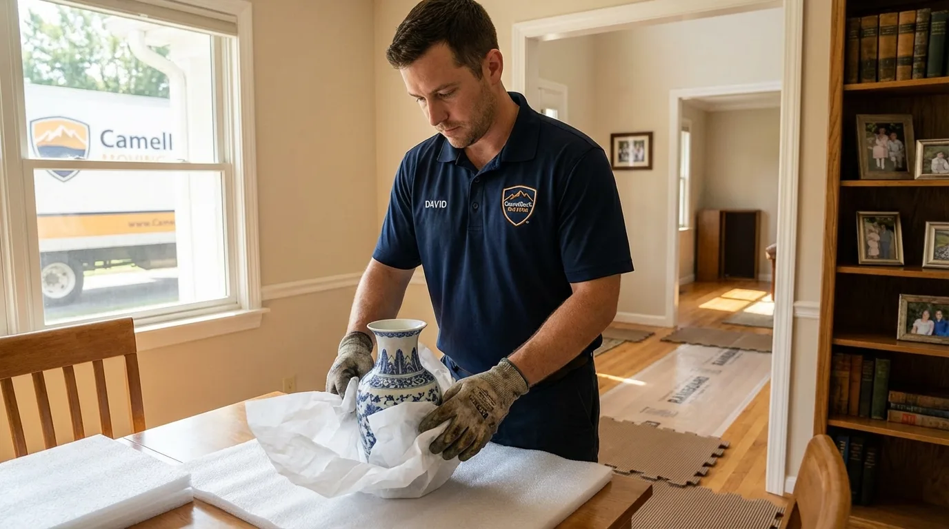Professional crew carefully wrapping antique vase for senior downsizing move in Spring Valley, WI